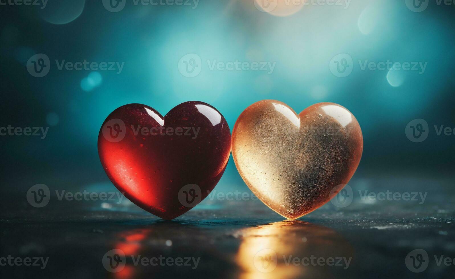 ai gegenereerd Valentijnsdag dag achtergrond met twee harten en bokeh lichten foto