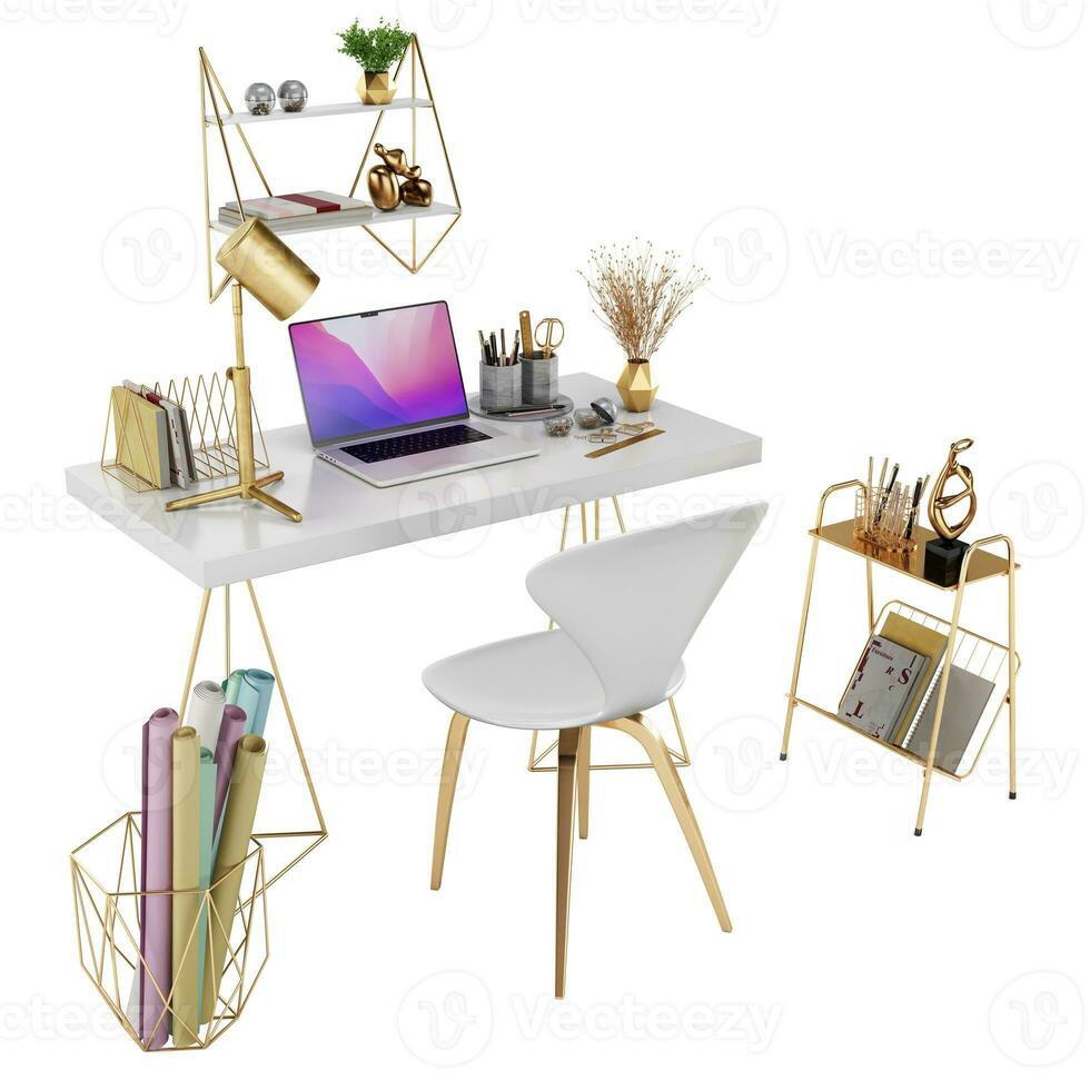 3d renderen van gouden werkplek, kantoor set, bureau, stoel, accessoires, decoratief elementen, laptop, plank, staan foto