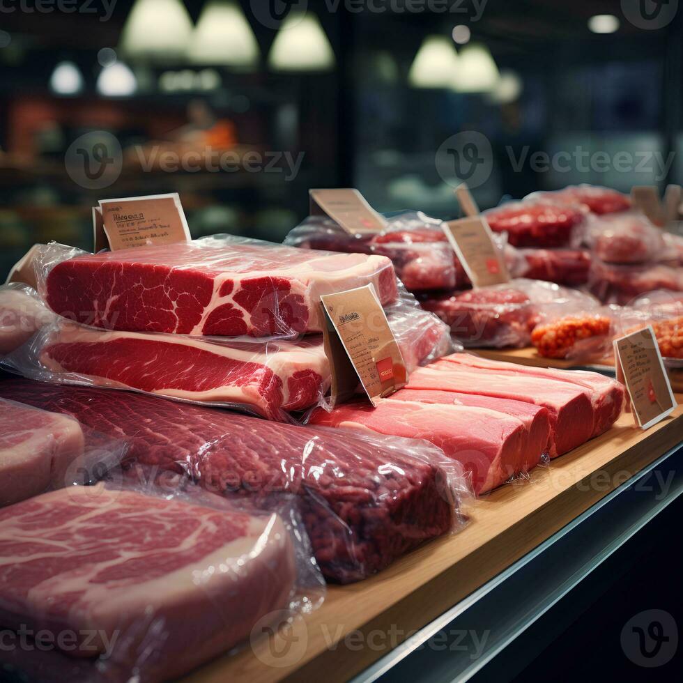ai gegenereerd verpakking van vers vlees Aan de teller in een op te slaan foto