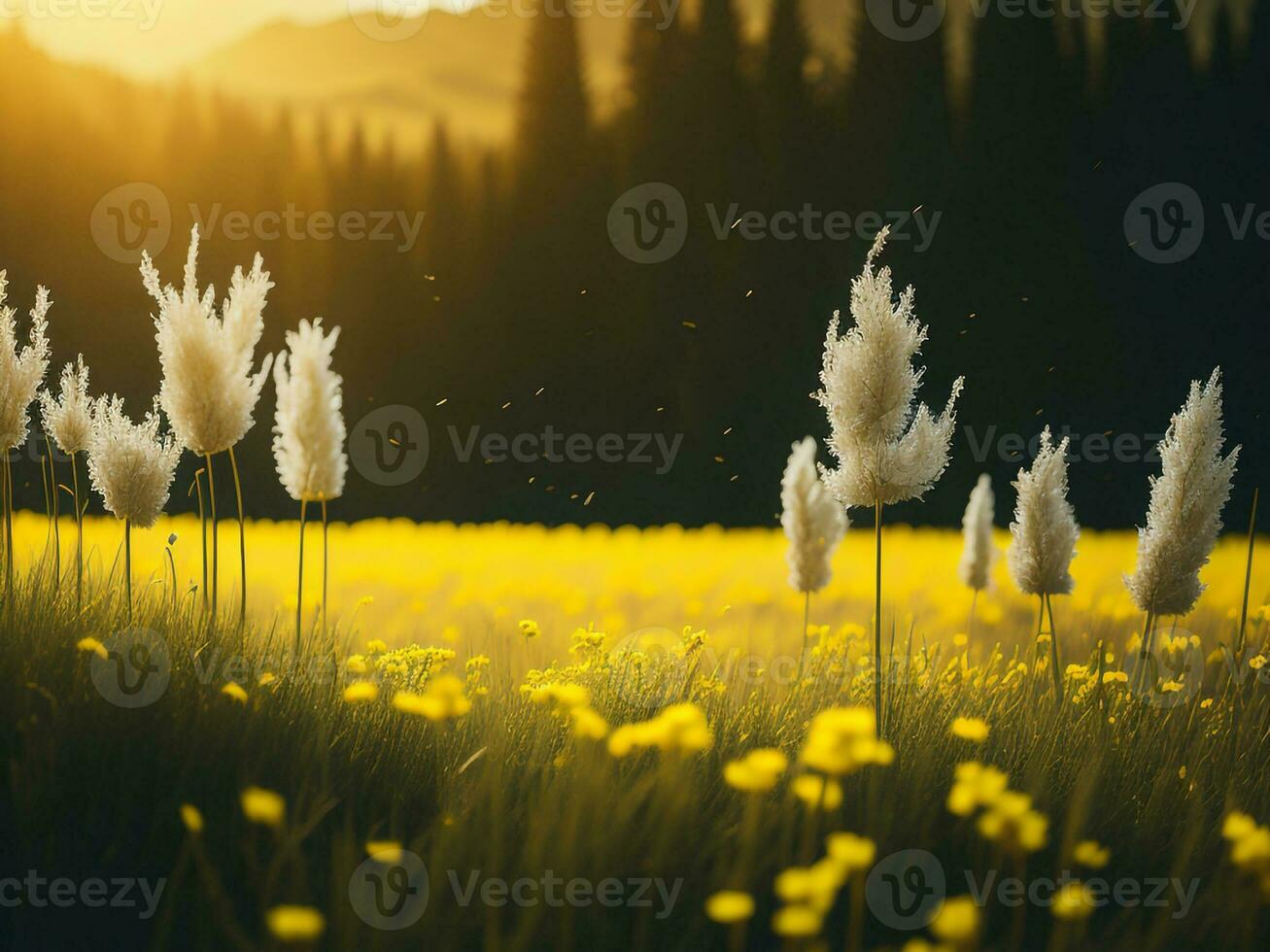 ai gegenereerd gloeiend velden van winter zacht focus zonsondergang weide met geel bloemen van de natuur omarmen. een symfonie van kleuren warm winter zonsondergang weide met abstract zacht focus natuur harmonie. foto