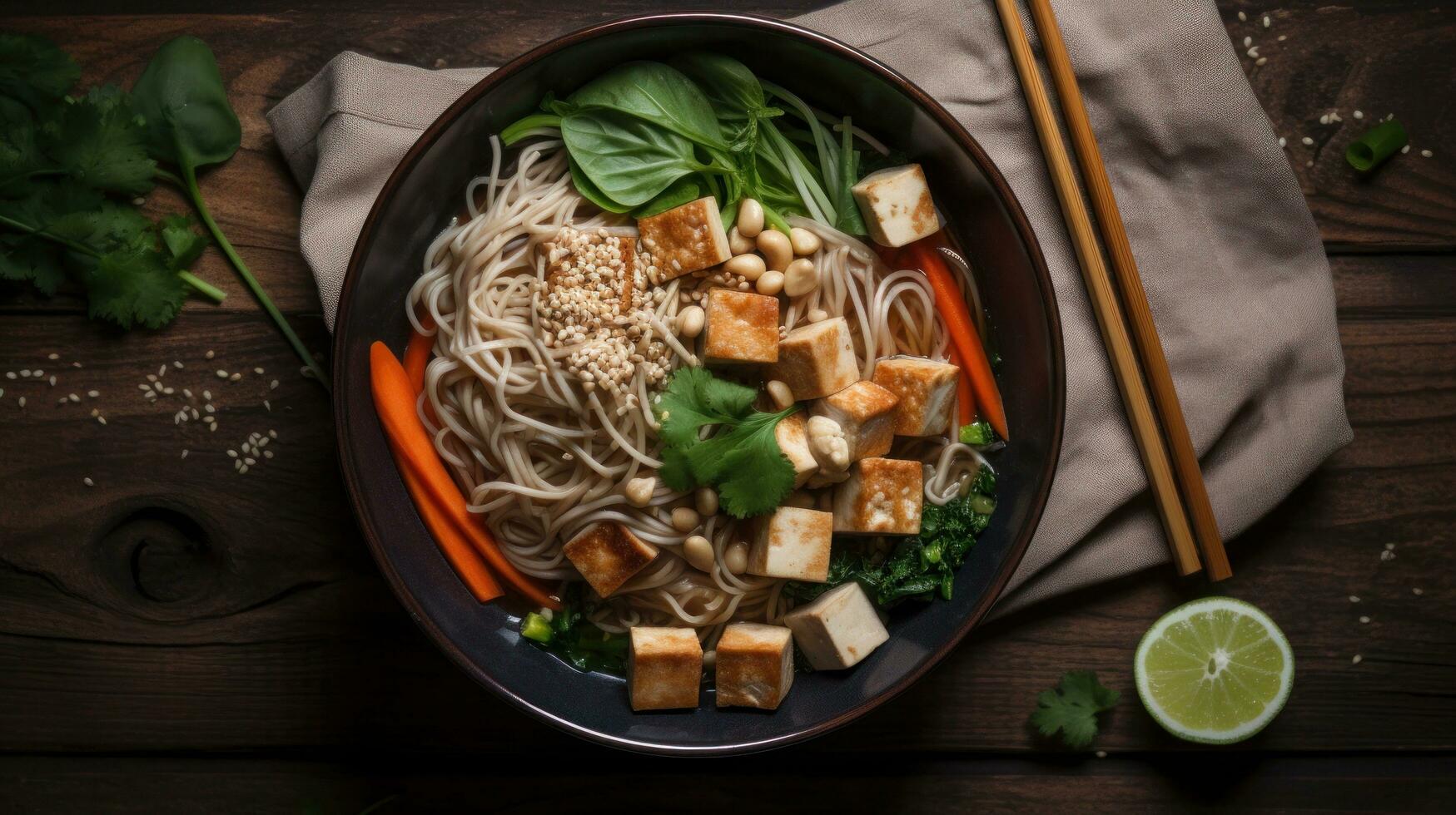 ai gegenereerd smakelijk tofu soba noedels van Azië foto