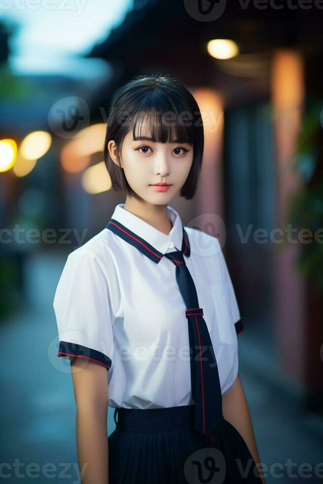 ai gegenereerd een jong Chinese hoog school- leerling meisje met kort haar- in een school- uniform foto