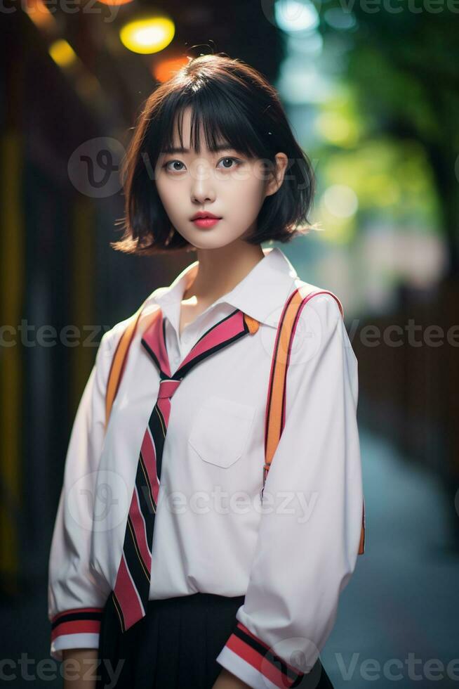 ai gegenereerd een jong Chinese hoog school- leerling meisje met kort haar- in een school- uniform foto