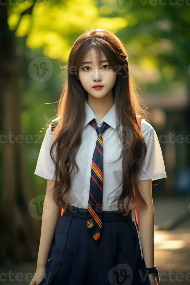 ai gegenereerd een jong Chinese hoog school- leerling meisje in een school- uniform poseren voor een foto