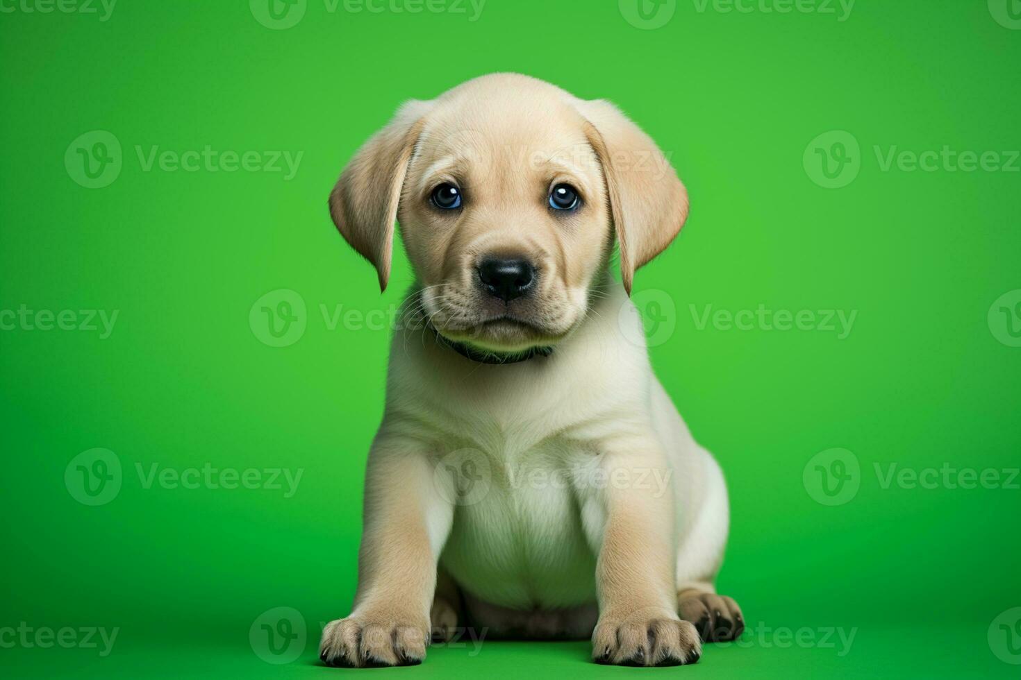 ai gegenereerd een beige labrador puppy zittend Aan een groen achtergrond foto