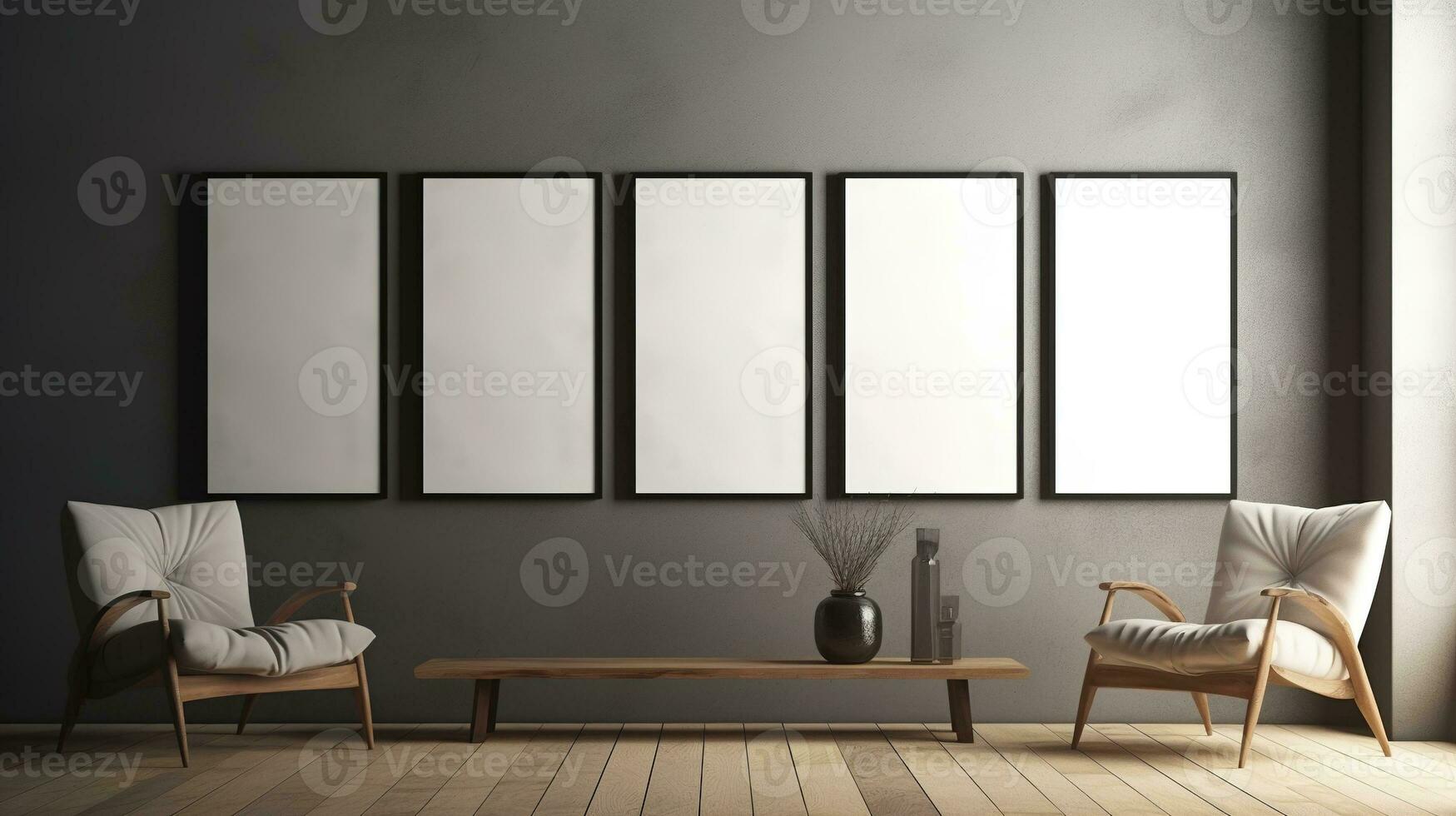 ai gegenereerd generatief ai, reeks van vijf posters bespotten omhoog, blanco minimalistisch achtergrond, artwork sjabloon foto