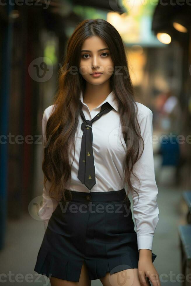 ai gegenereerd mooi Indisch meisje vervelend school- uniform foto