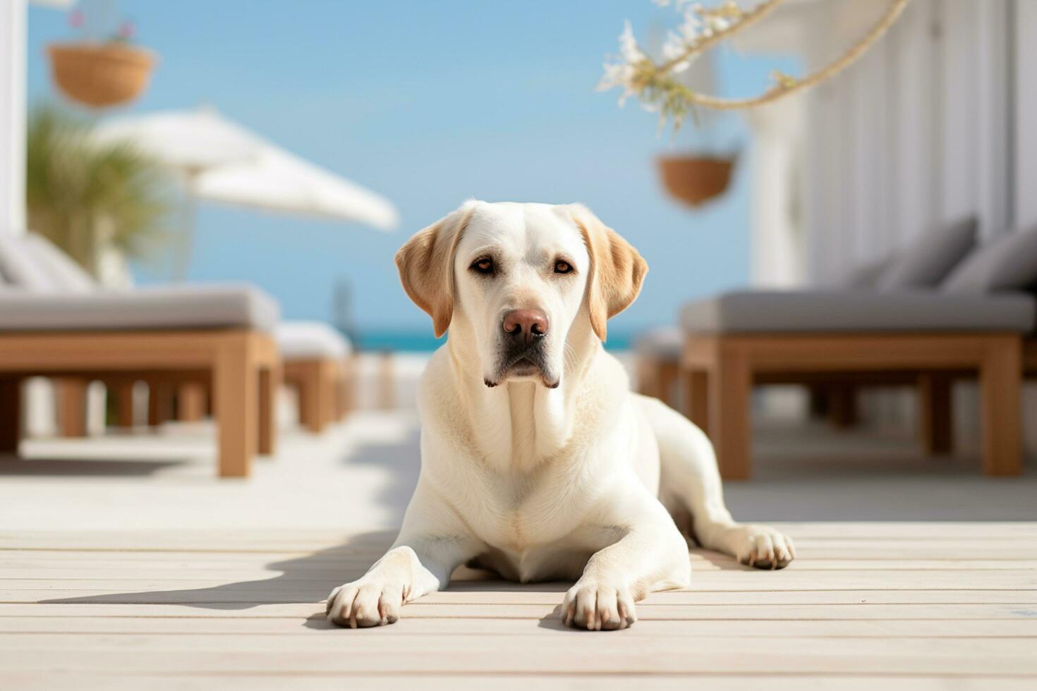 ai gegenereerd een hond zittend Aan een houten dek in de buurt de oceaan foto