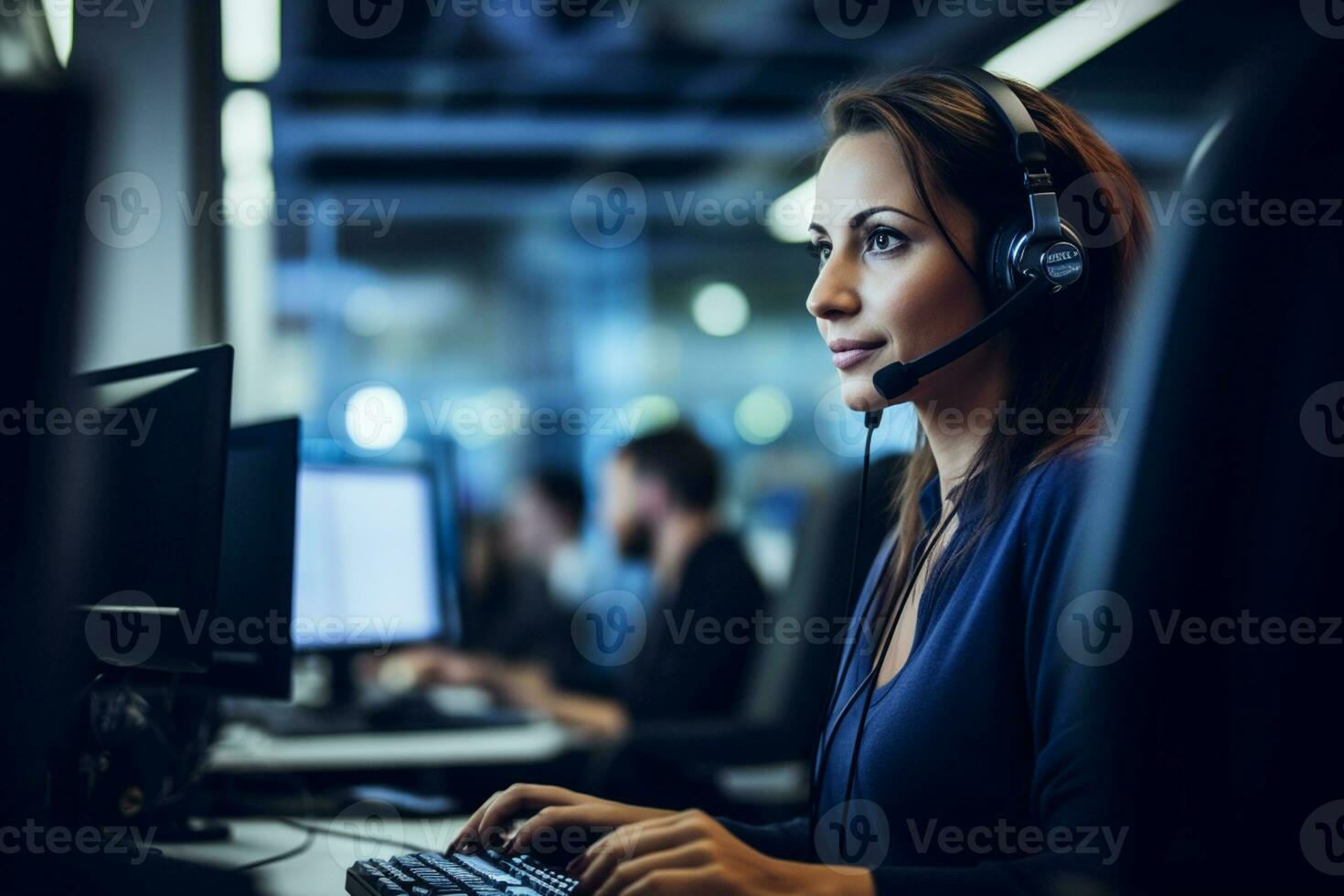 een vrouw vervelend hoofdtelefoons in een telefoontje centrum foto