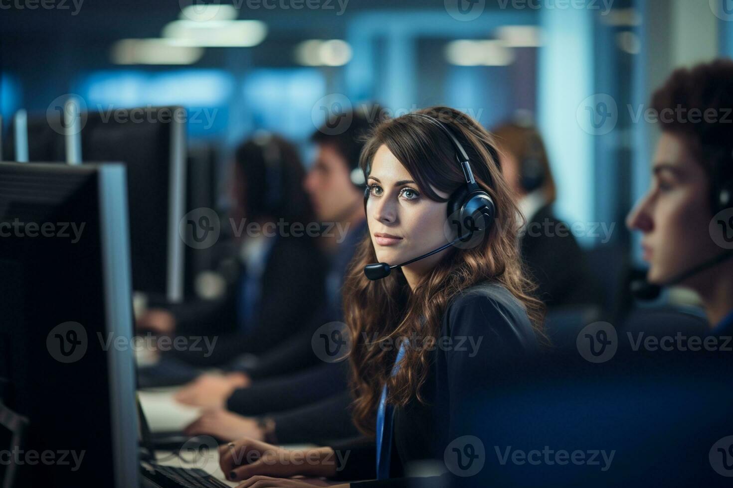 een vrouw vervelend hoofdtelefoons in een telefoontje centrum foto