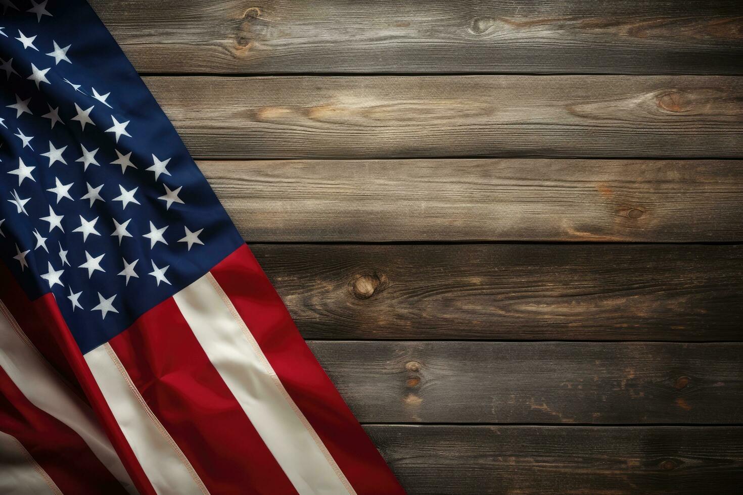 ai gegenereerd Amerikaans vlag Aan hout achtergrond. Amerikaans vlag Aan oud hout achtergrond, Amerikaans vlag Aan een houten achtergrond, met kopiëren ruimte, ai gegenereerd foto