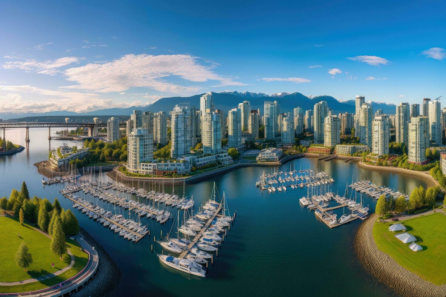 ai gegenereerd antenne visie van luxe jachten en boten in Vancouver, Brits Colombia, Canada, antenne panorama van downtown stad Bij false kreek, Vancouver, Brits Colombia, Canada, ai gegenereerd foto