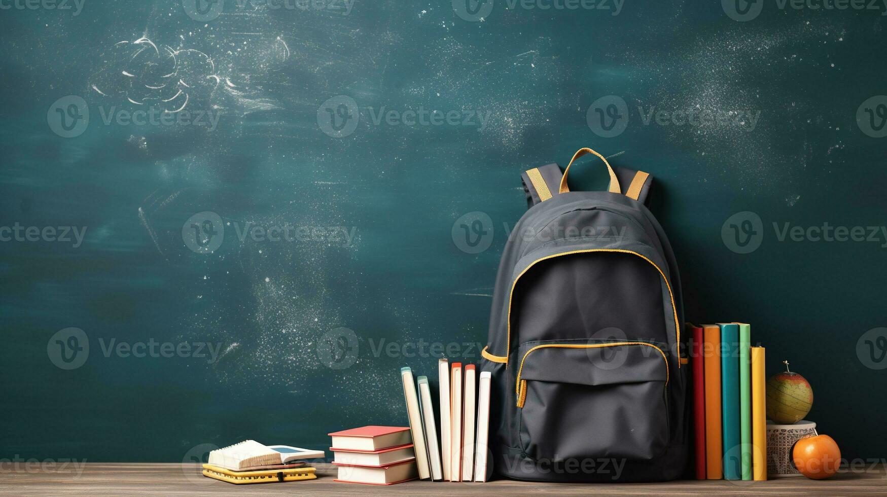 ai gegenereerd schoolbord achtergrond met school- rugzak en boeken, kopiëren ruimte foto