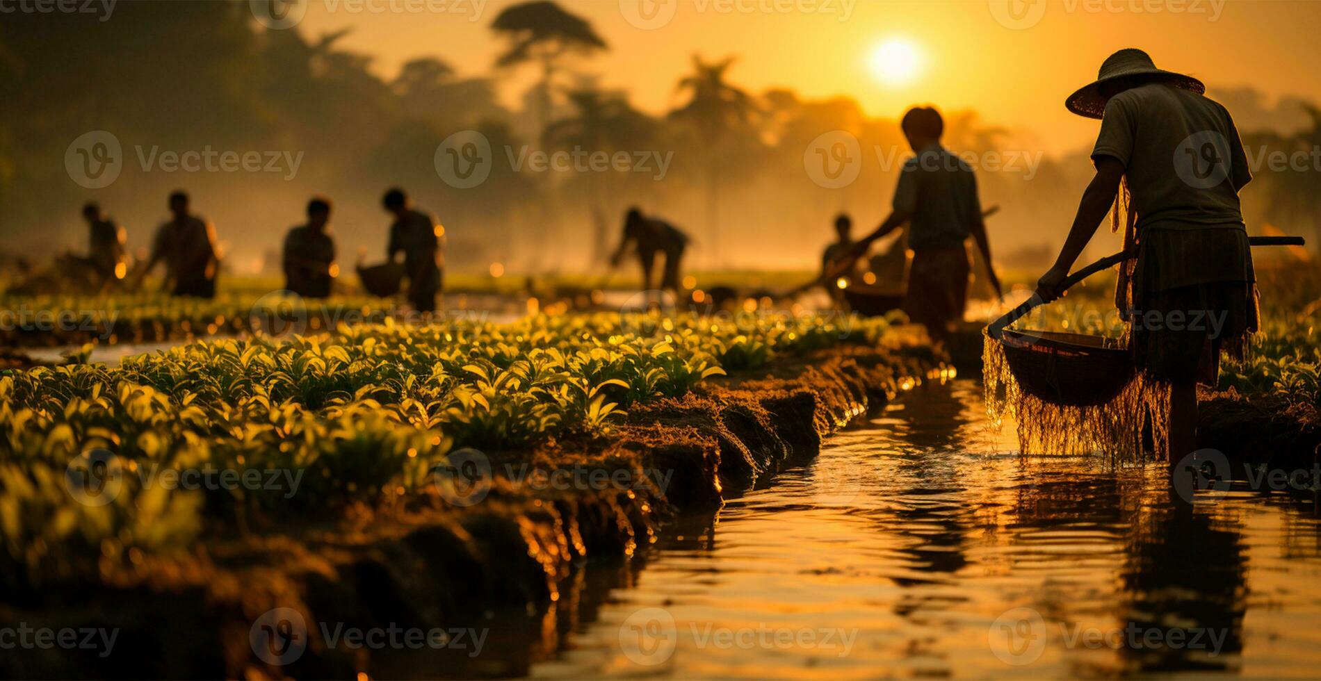 ai gegenereerd rijst- oogsten Aan een plantage in Vietnam - ai gegenereerd beeld foto