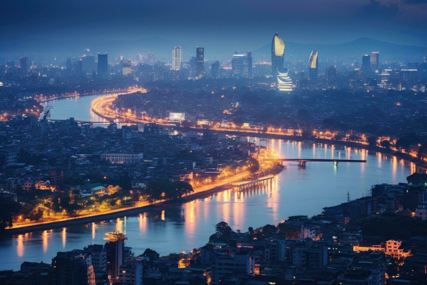 ai gegenereerd panoramisch visie van de stad van Bangkok Bij nacht, antenne horizon visie van Hanoi, Hanoi stadsgezicht Bij schemering, ai gegenereerd foto