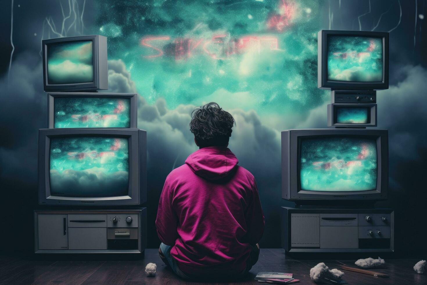 ai gegenereerd een jong Mens zittend in voorkant van een veel van oud TV schermen, aan het kijken verschrikking films, een emo album Hoes met synthwave elementen van iemand staren Bij een TV scherm van grijs wolken, ai gegenereerd foto