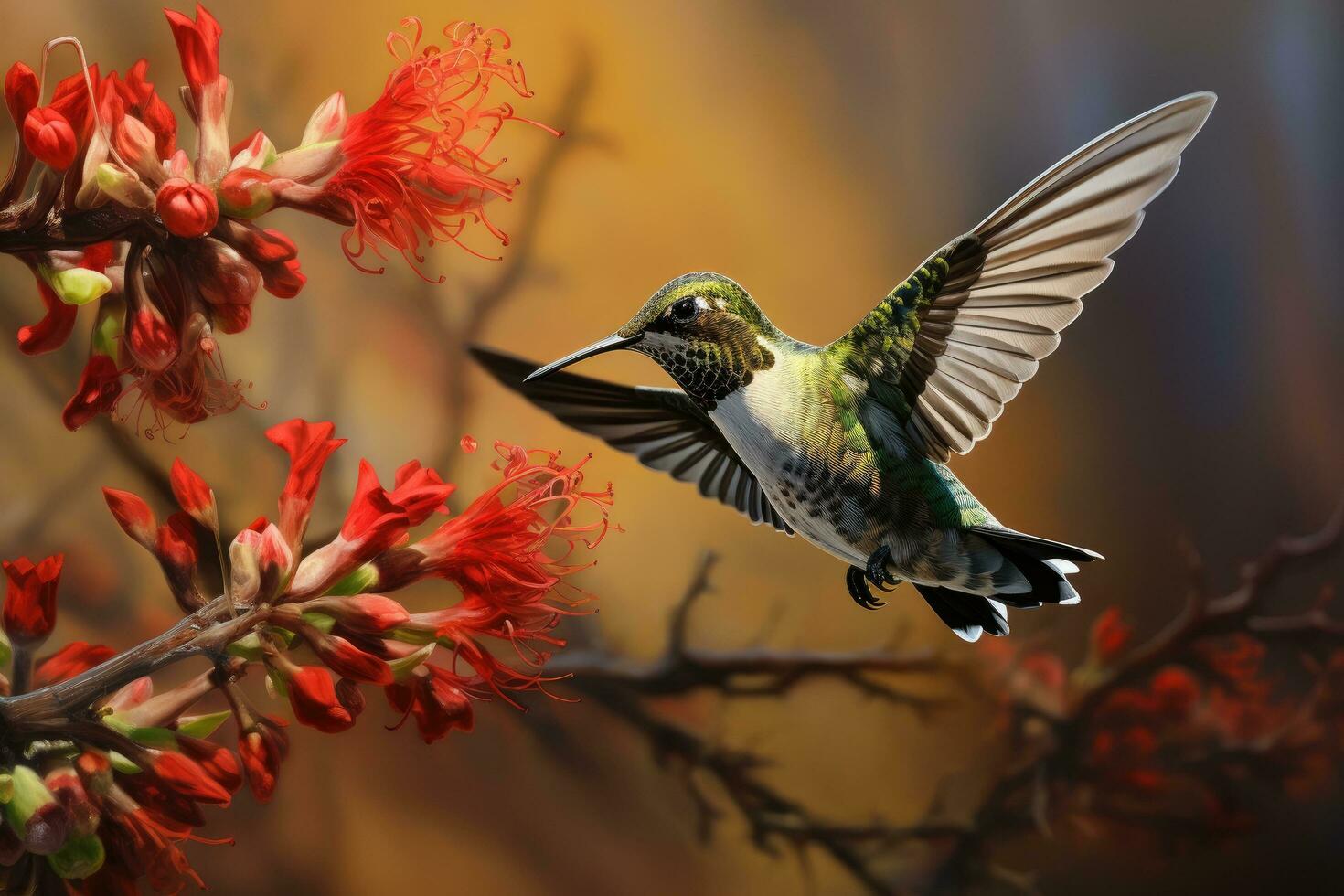 ai gegenereerd vrouw robijnkeel kolibrie archilochus colubris in vlucht met rood bloemen in achtergrond, anna's kolibrie volwassen mannetje zweven en nippen nectar, ai gegenereerd foto