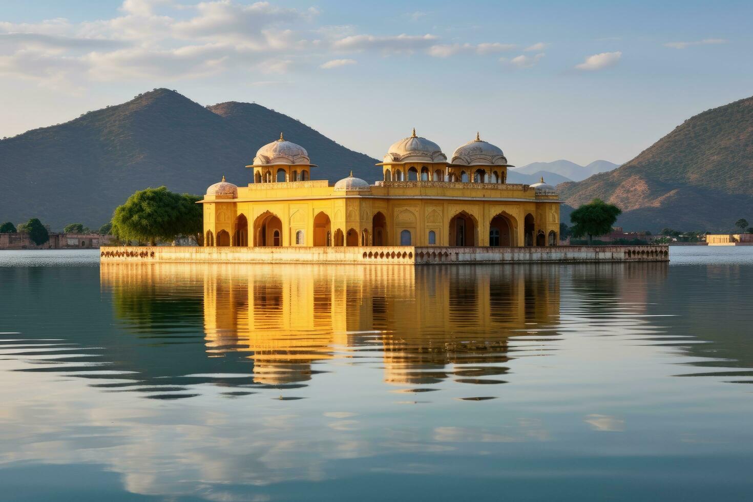 ai gegenereerd de wit moskee in jaipur, rajasthan, Indië, water paleis jali mahal, Mens sager meer, jaipur, rajasthan, Indië, Azië, ai gegenereerd foto