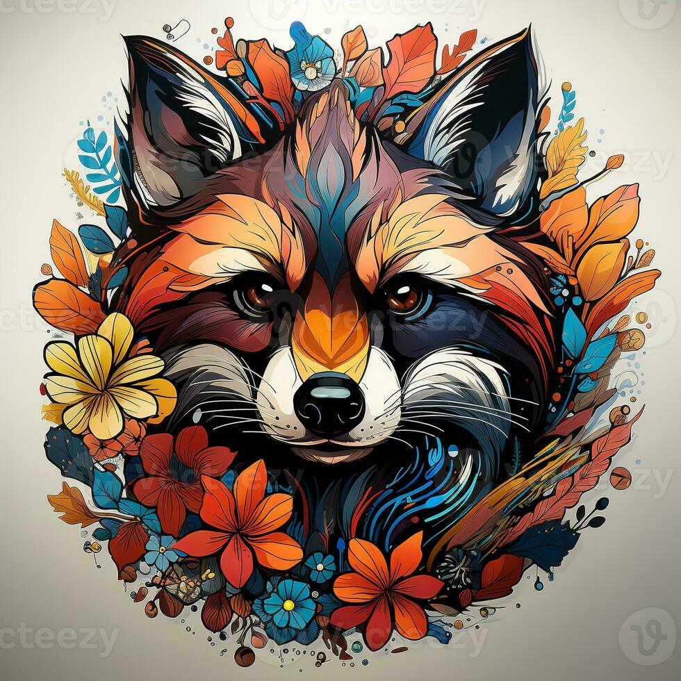 ai gegenereerd helder en kleurrijk digitaal artwork van een wasbeer omringd door bloemen en bladeren. de wasbeer is op zoek direct Bij de kijker, met haar groot, nieuwsgierig ogen. foto