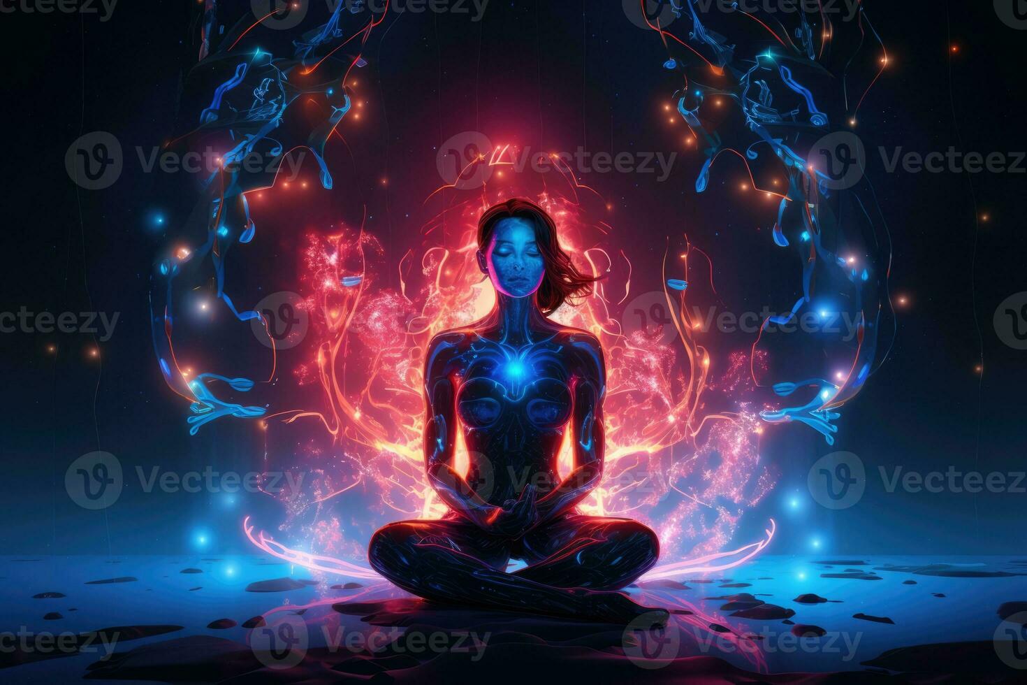 ai gegenereerd vrouw religie Gezondheid silhouet aura genezing vrede mediteren yoga vrouw ontspanning foto