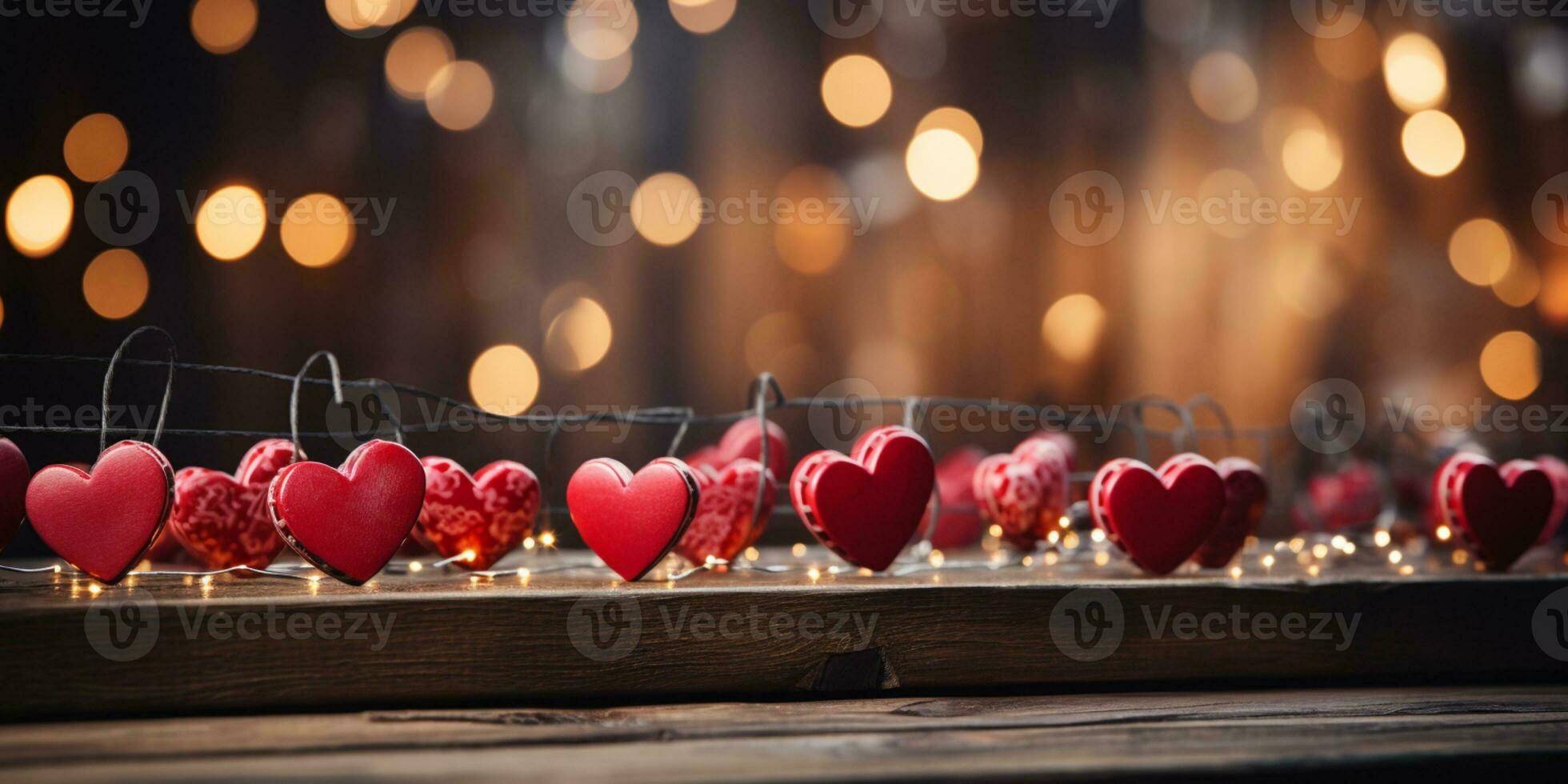 ai gegenereerd gelukkig Valentijnsdag dag bruiloft verjaardag achtergrond banier panoramisch groet rood harten hangende Aan houten wasknijpers touw met bokeh lichten Aan achtergrond foto