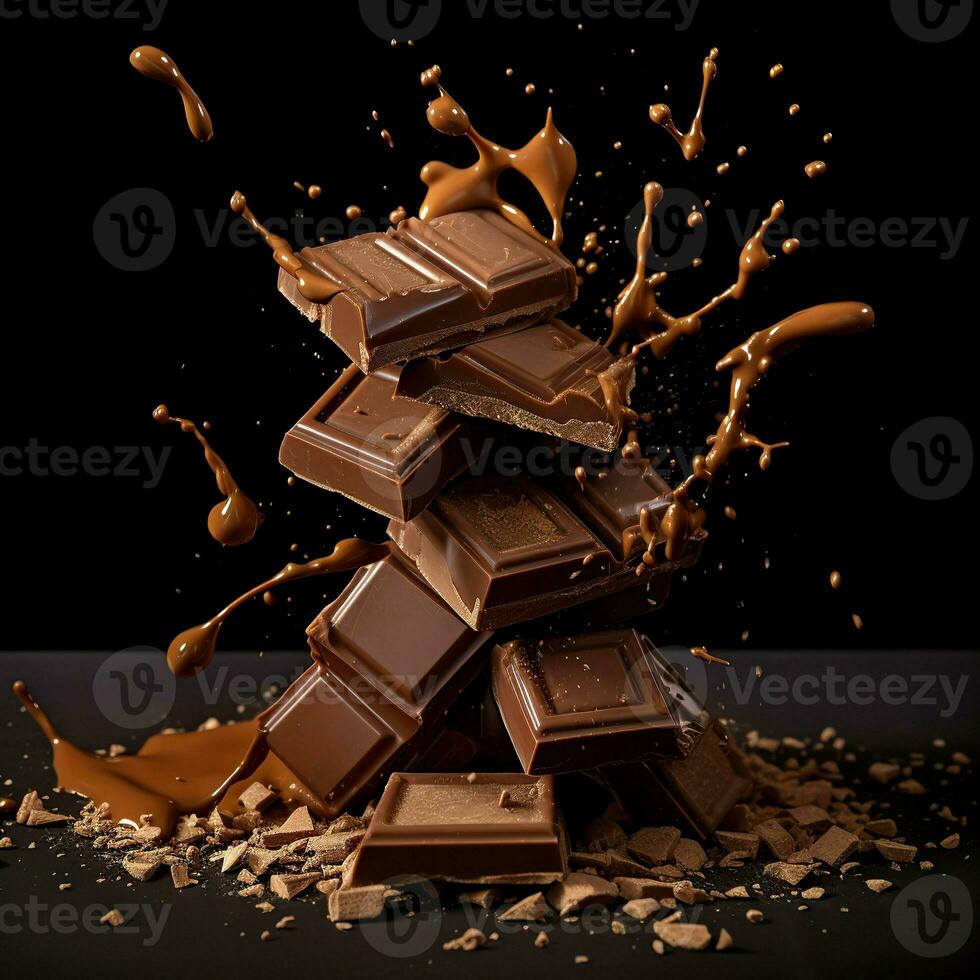 ai gegenereerd gesmolten chocola spatten Aan een donker achtergrond. vallend stukken van chocola. chocola vallend naar beneden Aan zwart achtergrond studio schot. chocola achtergrond. chocola levitatie. foto