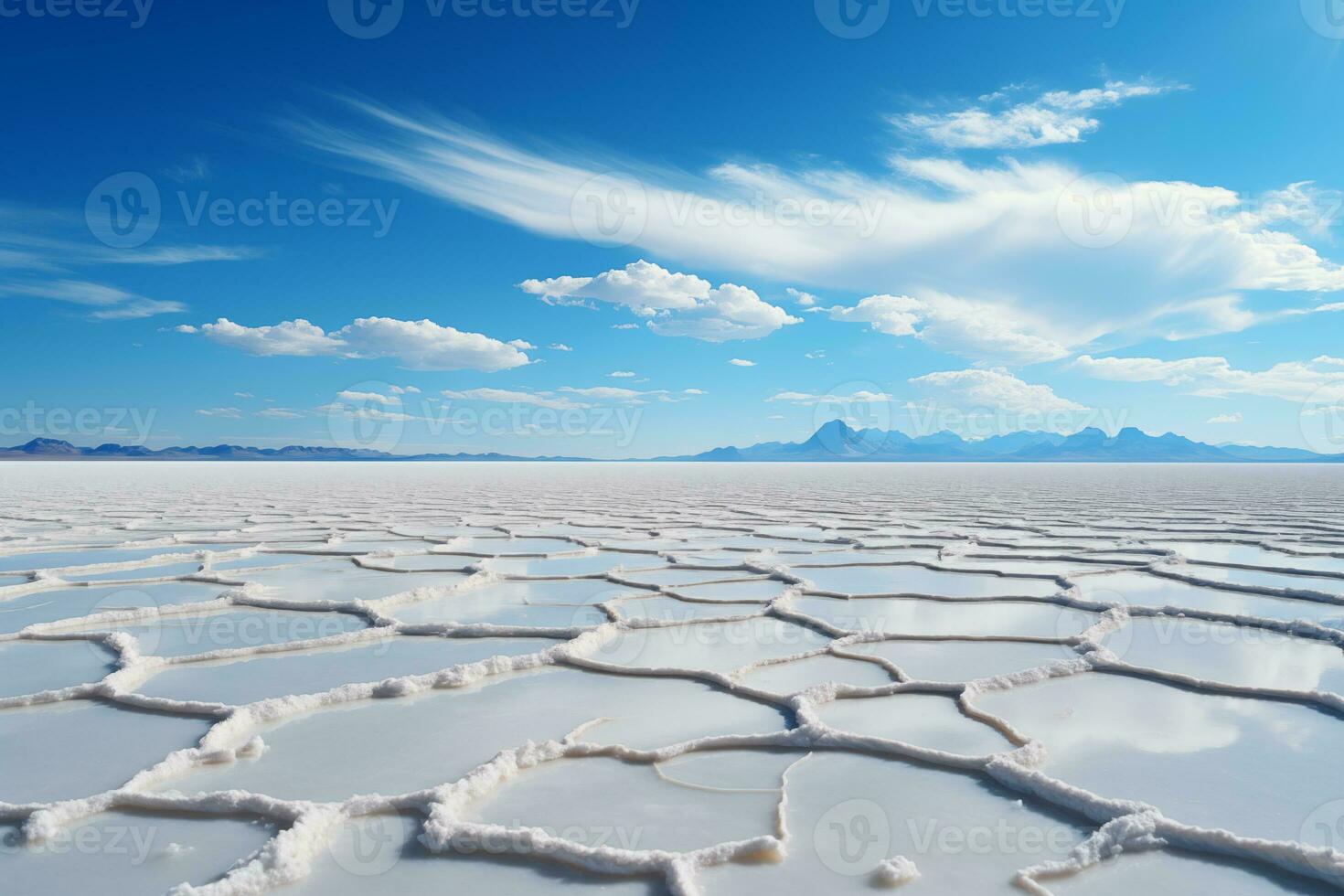 ai gegenereerd landschap van droog zout meer bed met wit gebarsten oppervlakte foto