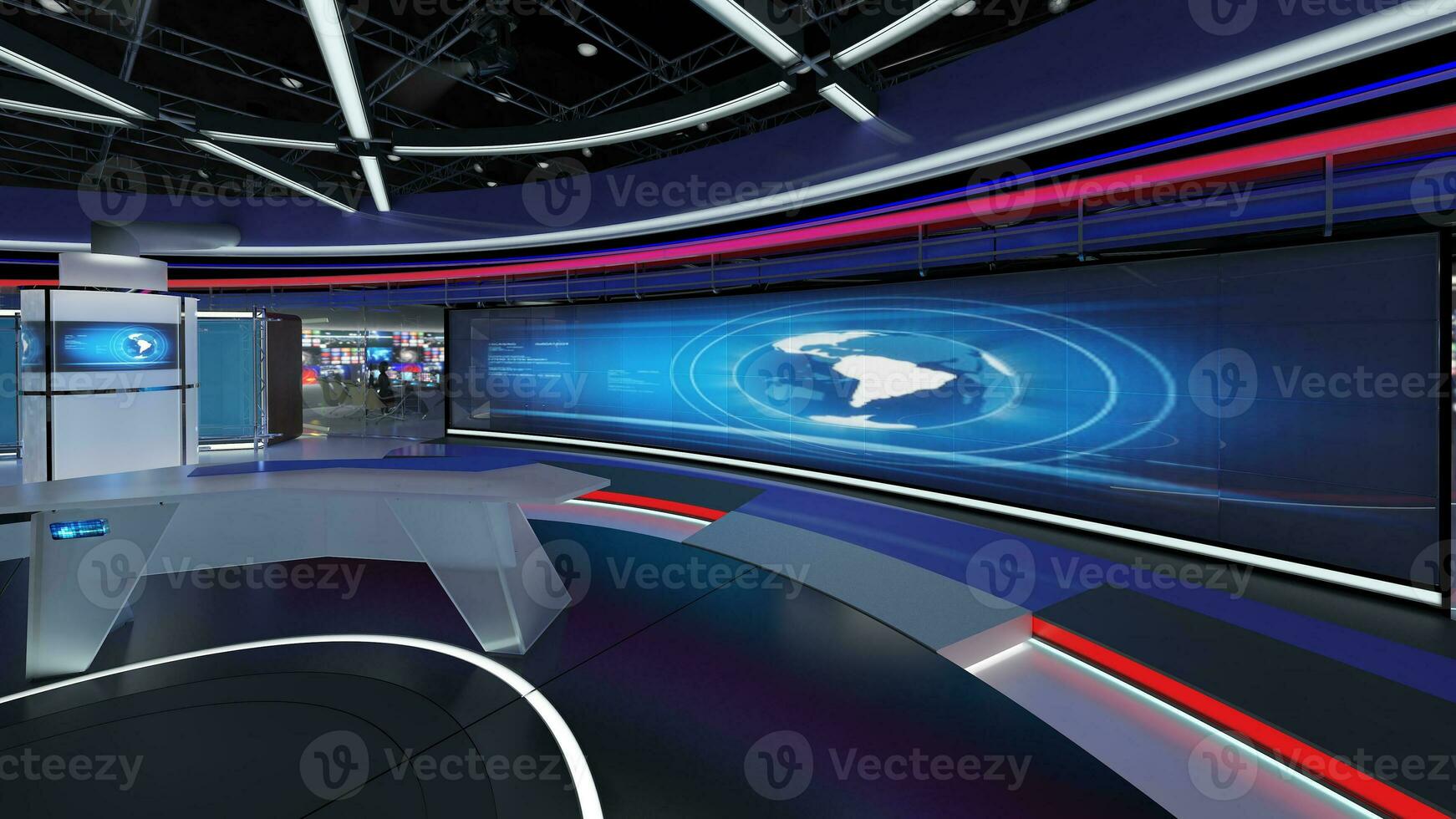 virtueel TV studio set. groen scherm achtergrond. 3d renderen foto