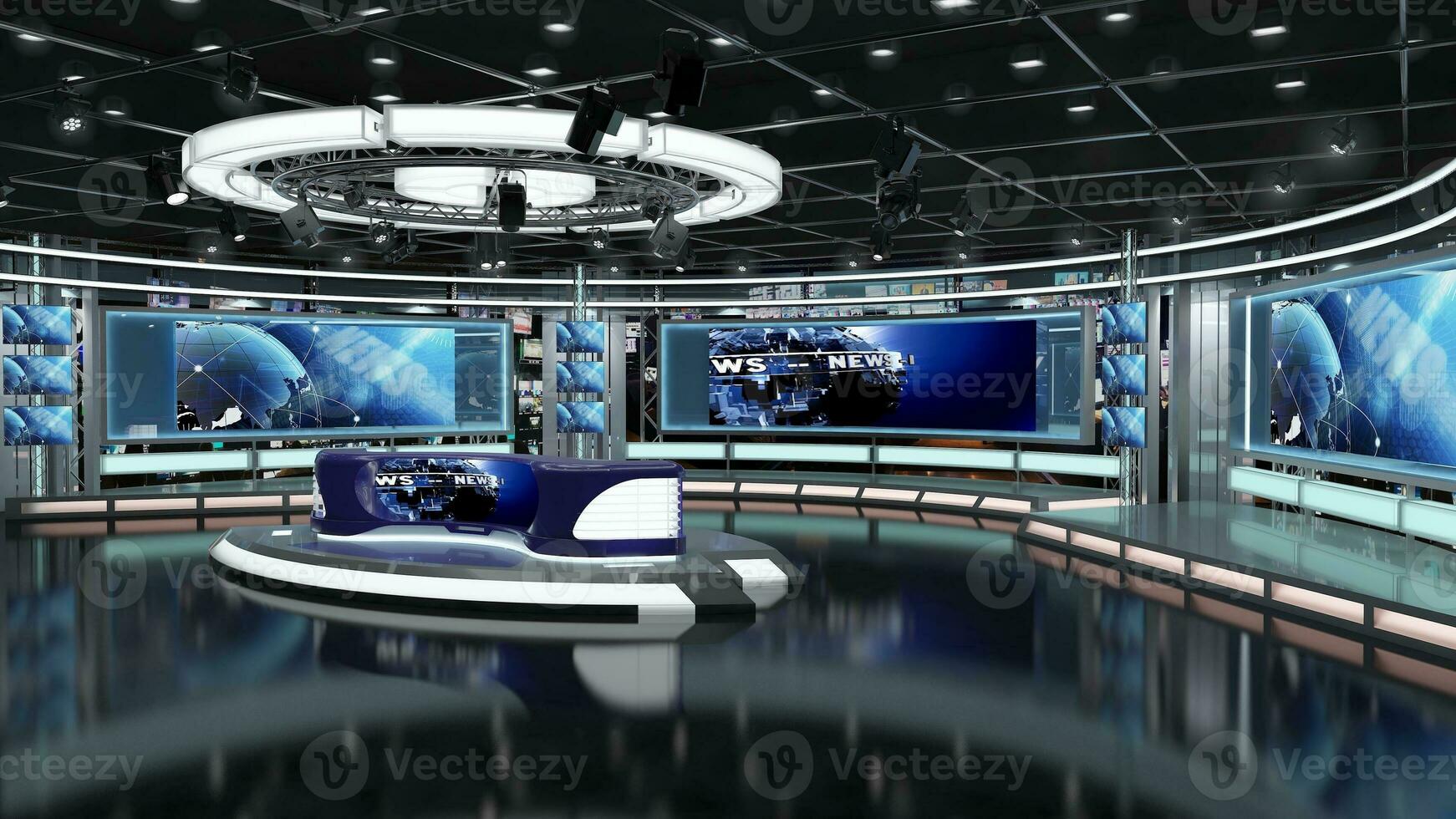 virtueel TV studio set. groen scherm achtergrond. 3d renderen foto