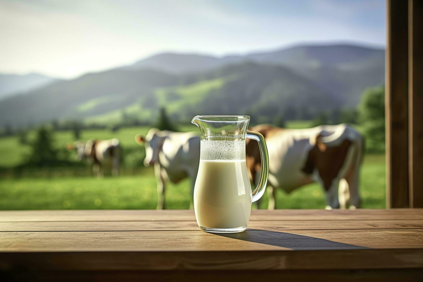 ai gegenereerd glas werper met vers melk Aan een houten tafel. ai gegenereerd foto