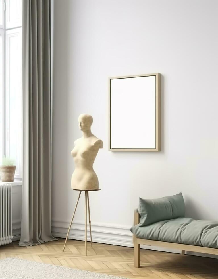 ai gegenereerd mockup kader in hedendaags Scandinavisch leven kamer interieur, 3d veroorzaken. ai generatief foto