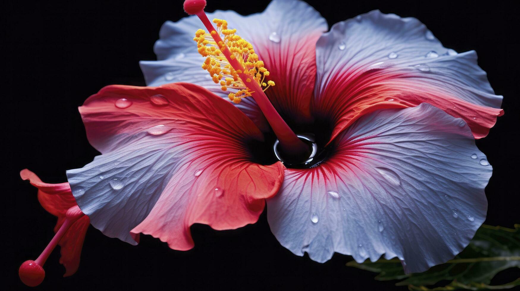 ai gegenereerd een hibiscus bloem met water een donker achtergrond. foto