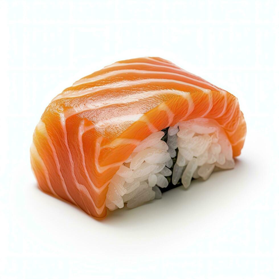 ai gegenereerd een sushi Zalm Aan wit achtergrond. ai gegenereerd foto