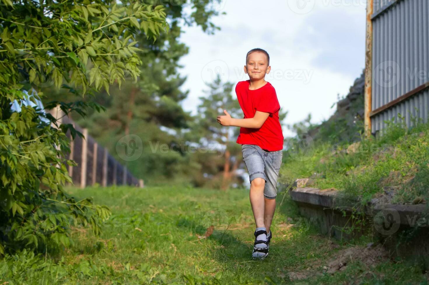 een gelukkig jongen loopt en Toneelstukken in de zomer tegen de backdrop van groen natuur. foto