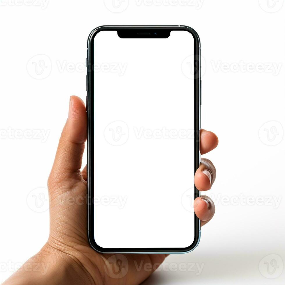 ai gegenereerd smartphone in een man's met een donkere huid hand, wit scherm sjabloon, wit achtergrond - ai gegenereerd beeld foto