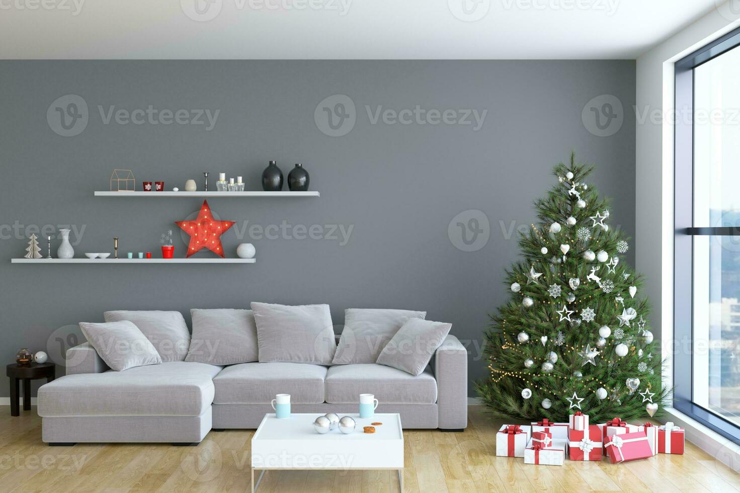 Kerstmis interieur voorraad foto's. onderzoeken warm en uitnodigend vakantie themed huis instellingen, versierd met fonkelend lichten, kousen, en prachtig versierd Kerstmis bomen. foto