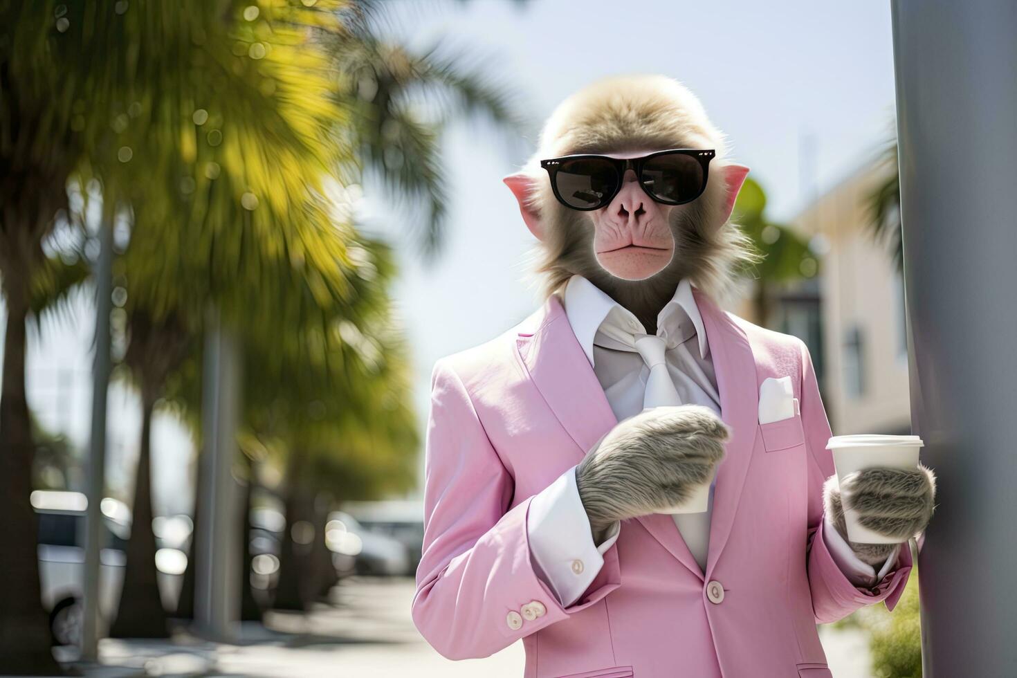 ai gegenereerd een aap is vervelend zonnebril, pak en staand Aan straat. ai gegenereerd foto