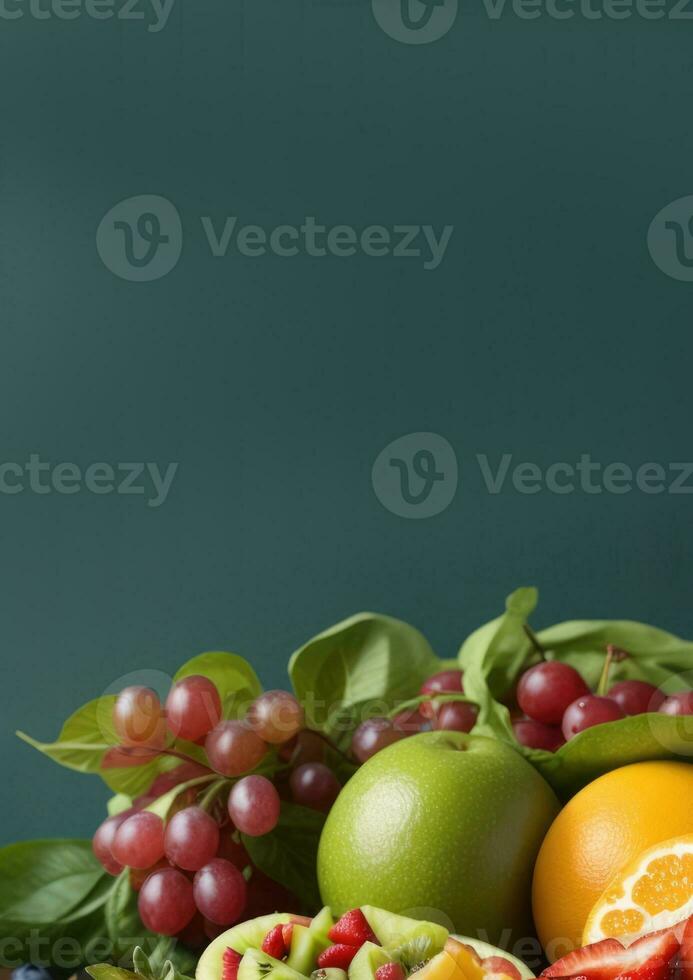 ai gegenereerd verticaal banier, fruit en groenten Aan een groen achtergrond, gezond voedsel, vegetarisch menu, ruimte voor tekst foto