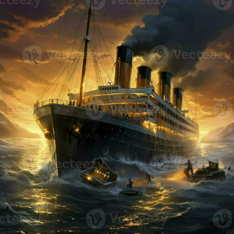 ai gegenereerd zinkend van de titanic de reddingsboten rij weg van de nog steeds verlicht schip, digitaal illustratie foto