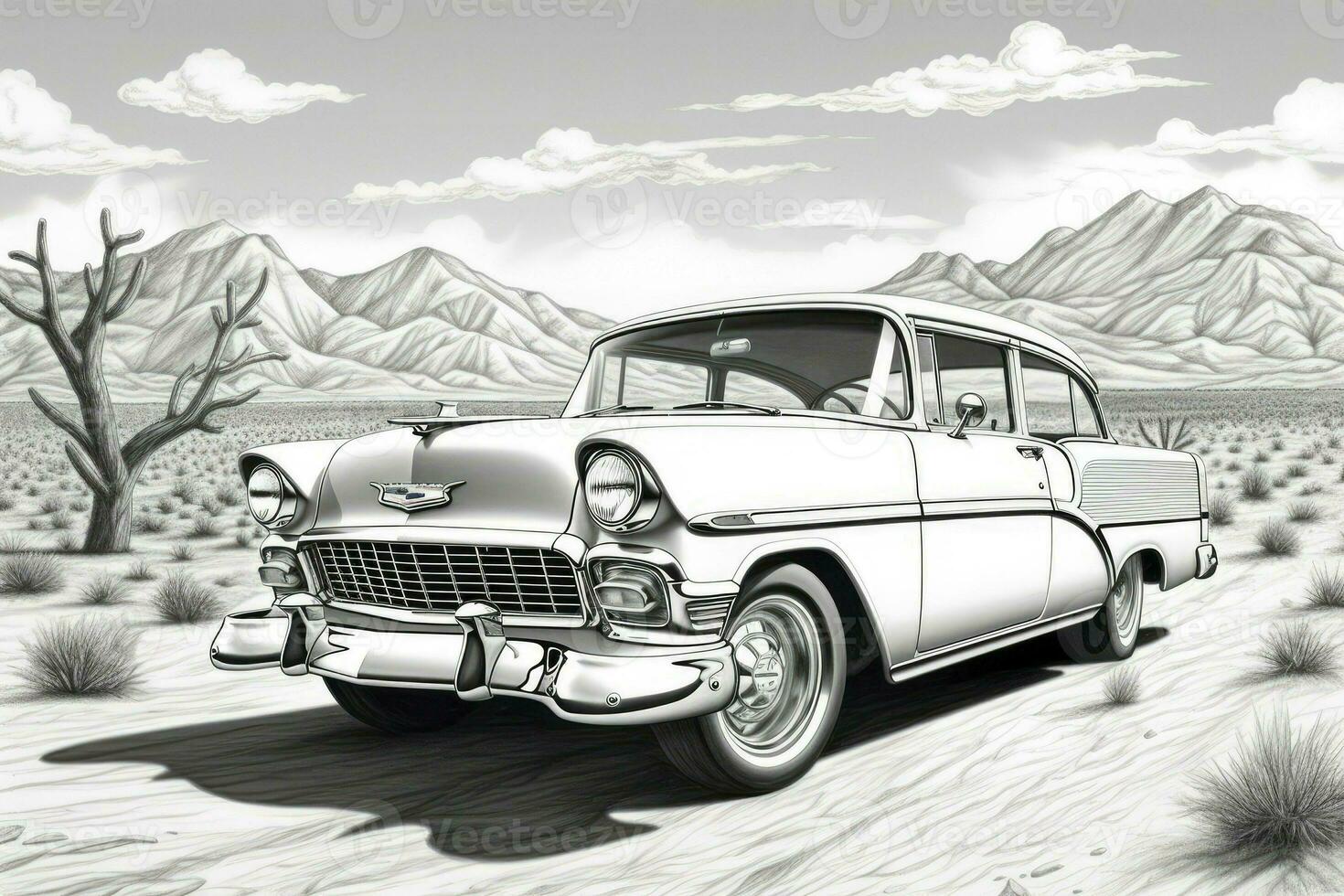 ai gegenereerd de contour beeld van een retro klassiek auto. zwart en wit, digitaal illustratie voor kleur boek foto