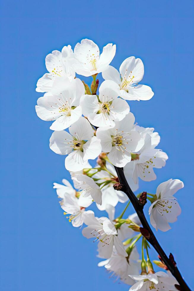 ai gegenereerd kers bloesem tegen Doorzichtig blauw hemel.ai gegenereerd. foto