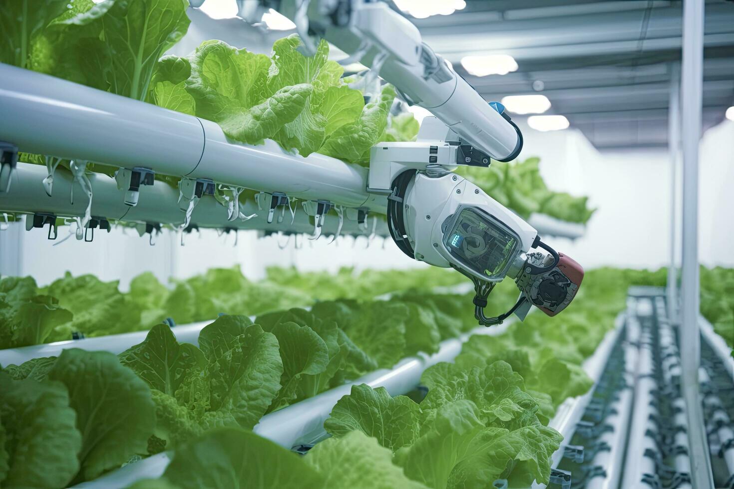 ai gegenereerd automatisch agrarisch technologie met detailopname visie van robot arm oogsten sla in verticaal hydrocultuur fabriek. ai gegenereerd foto