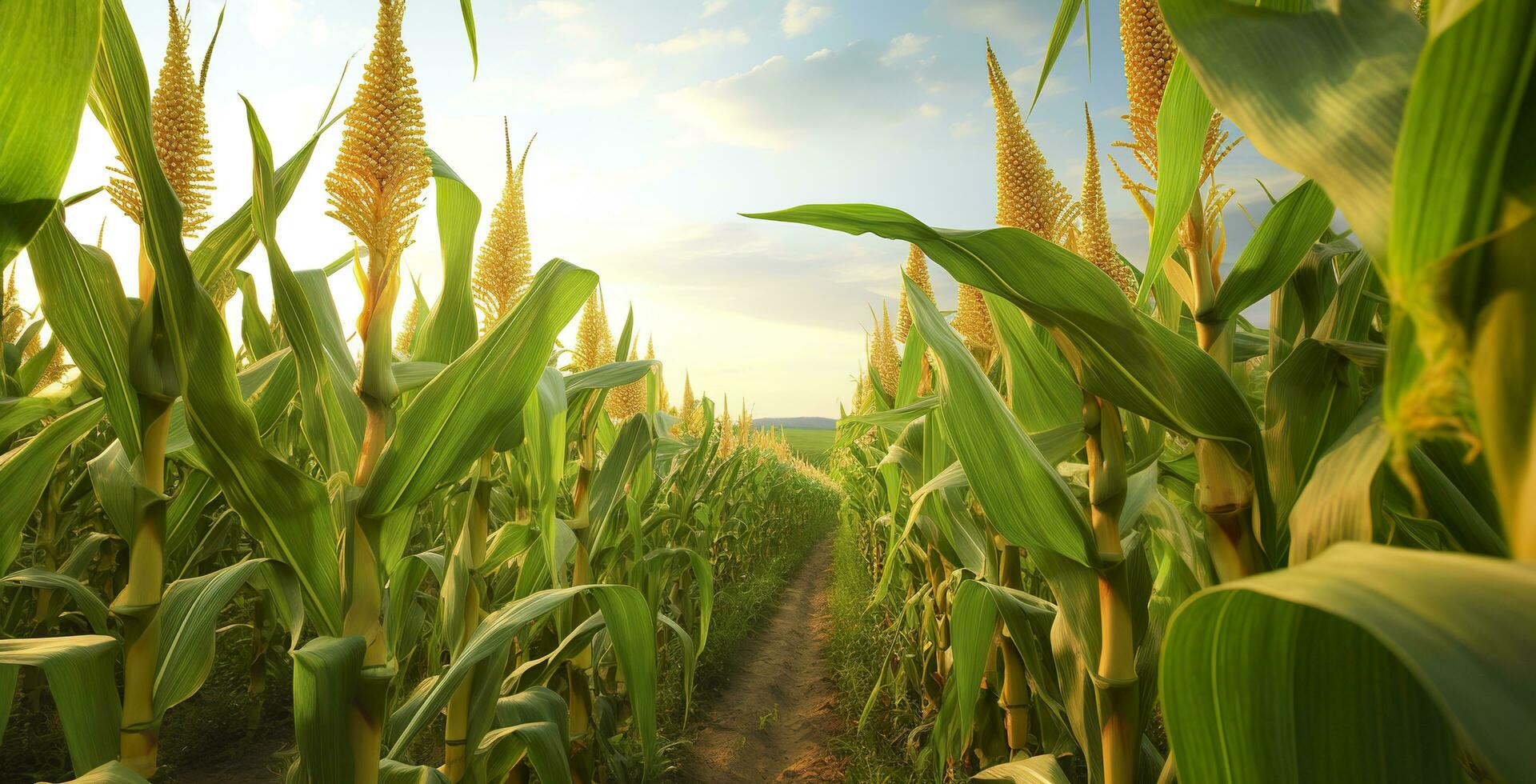 ai gegenereerd detailopname maïs kolven in maïs plantage veld. generatief ai foto