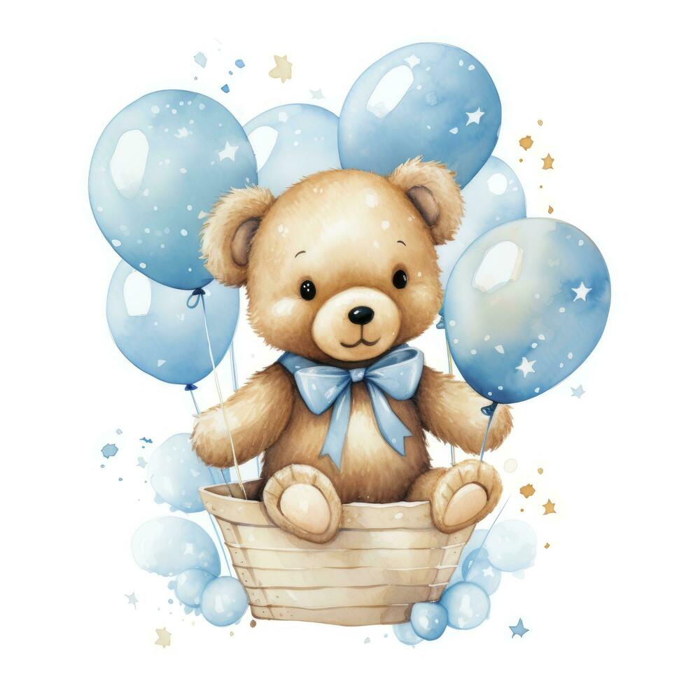 ai gegenereerd een waterverf baby teddy beer is zittend in de mand met blauw en goud ballonnen. ai gegenereerd foto