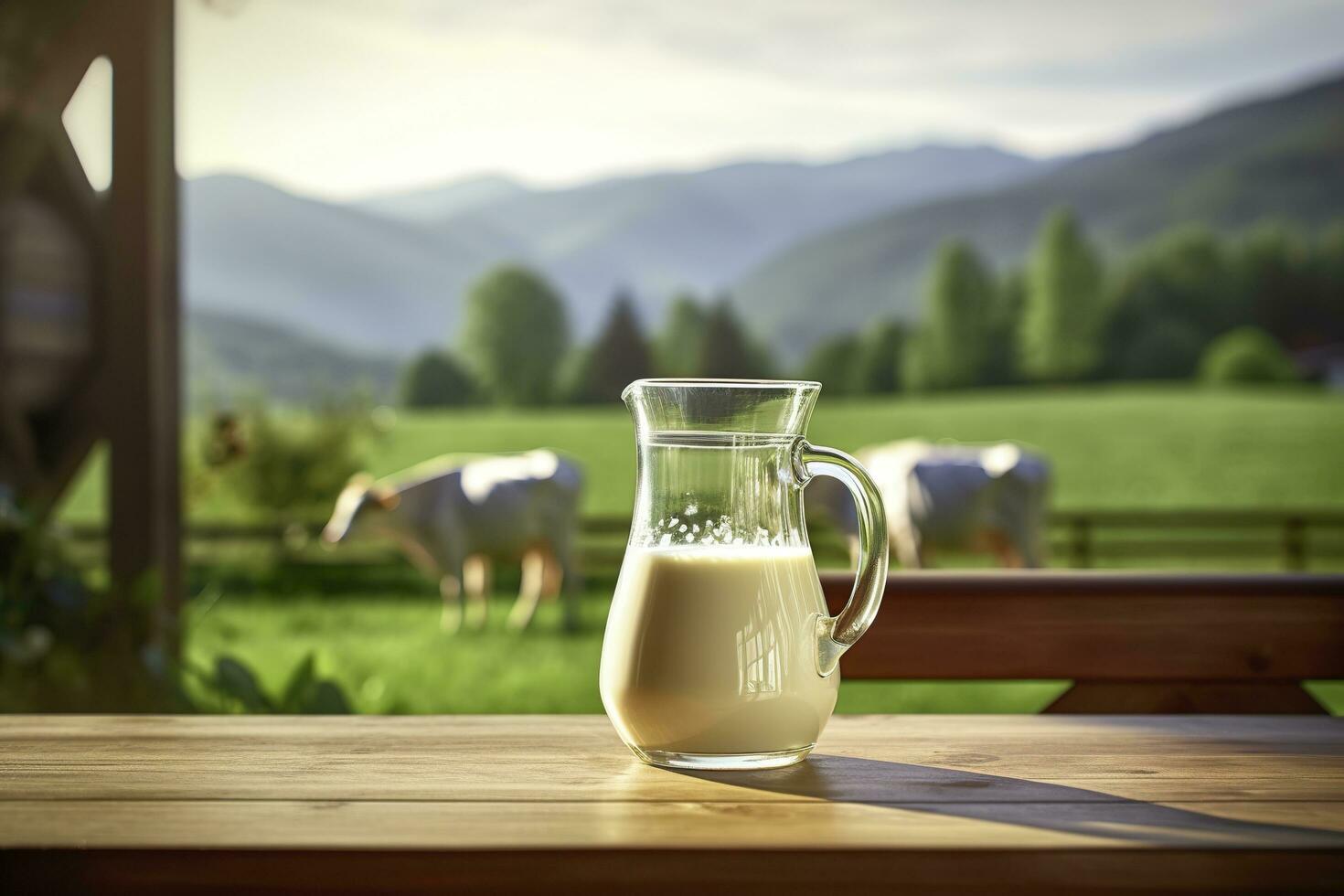 ai gegenereerd glas werper met vers melk Aan een houten tafel. ai gegenereerd foto