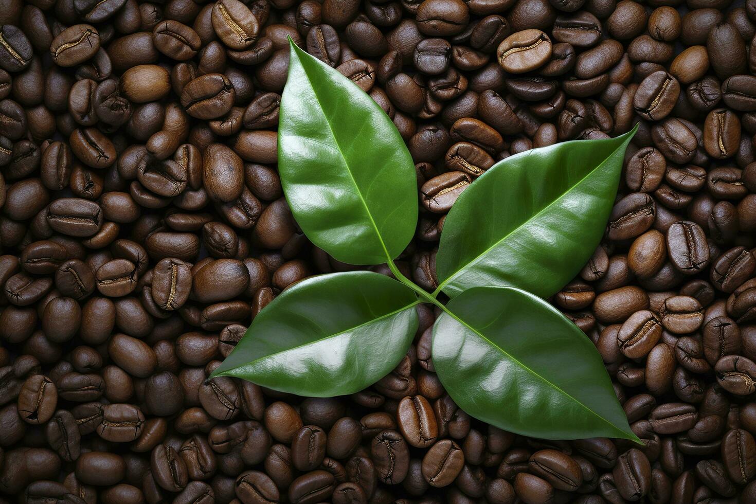 ai gegenereerd groen bladeren met koffie bonen net zo achtergrond. ai gegenereerd foto