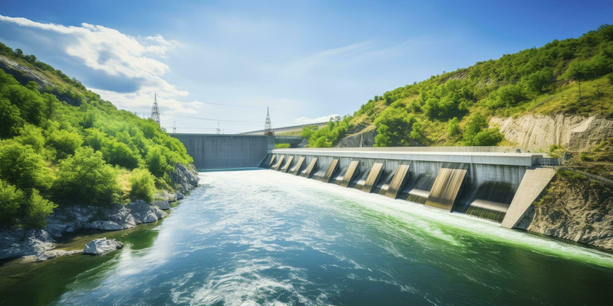 ai gegenereerd hydro-elektrisch dam genereren groen energie van vloeiende water. ai gegenereerd. foto