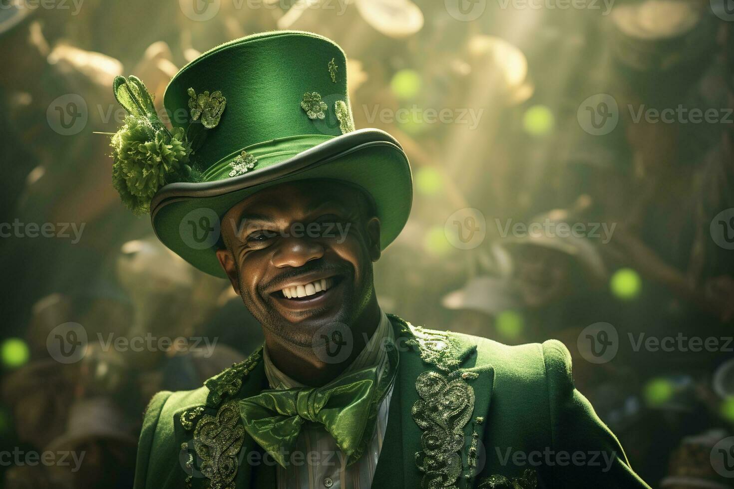 ai gegenereerd portret van een gelukkig elf van Ierse folklore met Klaver bladeren. st. Patrick dag. foto