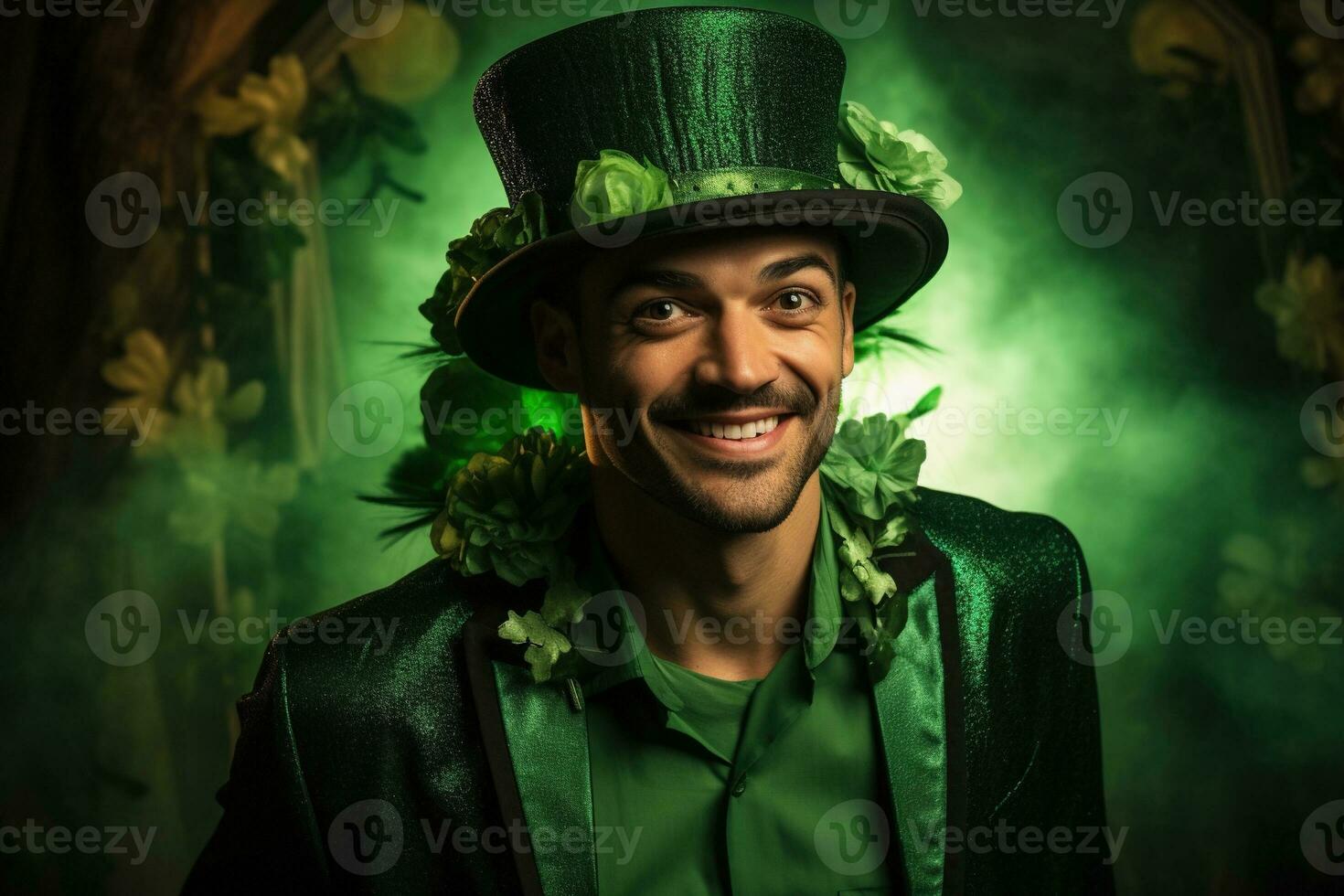 ai gegenereerd portret van een gelukkig elf van Ierse folklore met Klaver bladeren. st. Patrick dag. foto