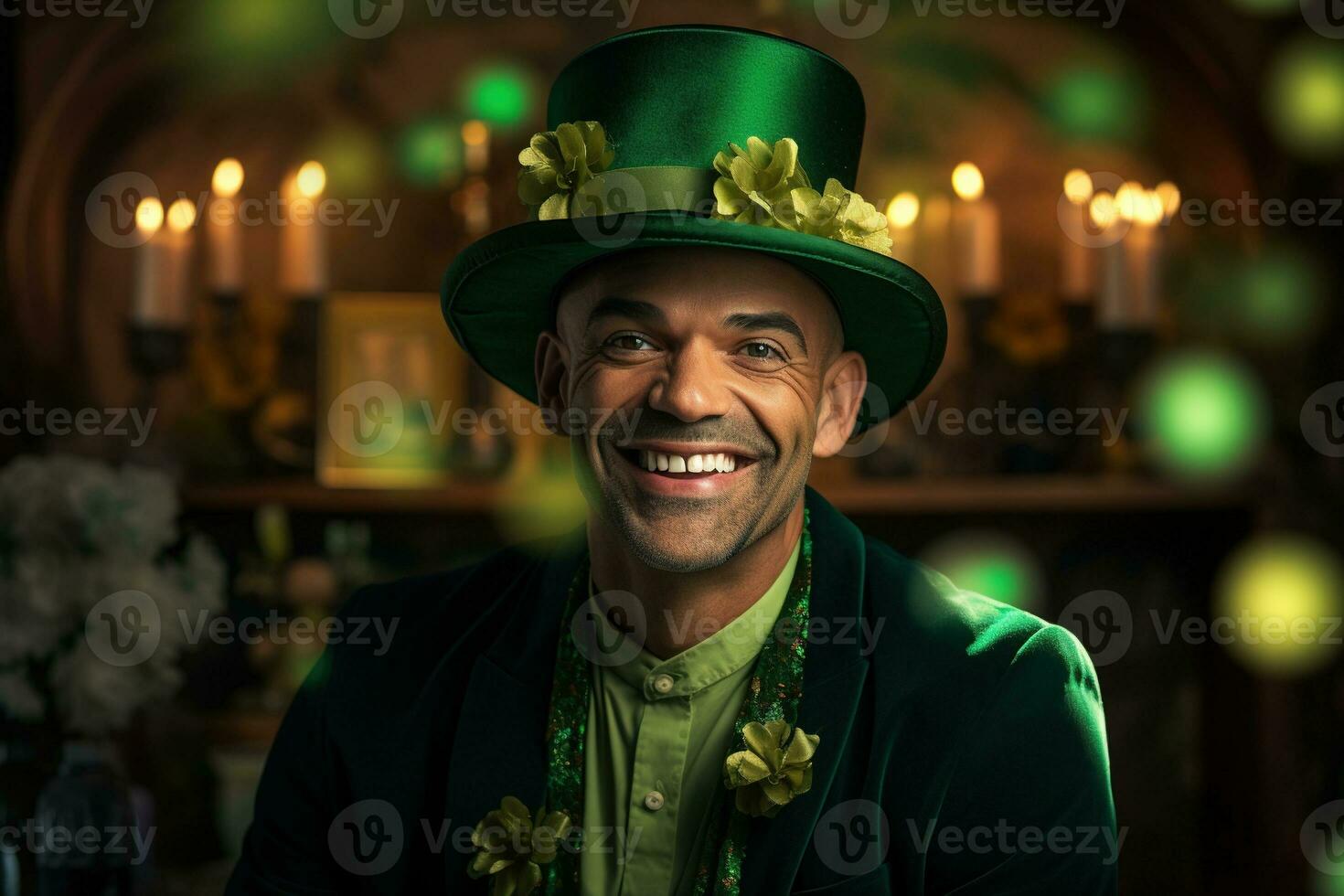 ai gegenereerd portret van een gelukkig elf van Ierse folklore met Klaver bladeren. st. Patrick dag. foto